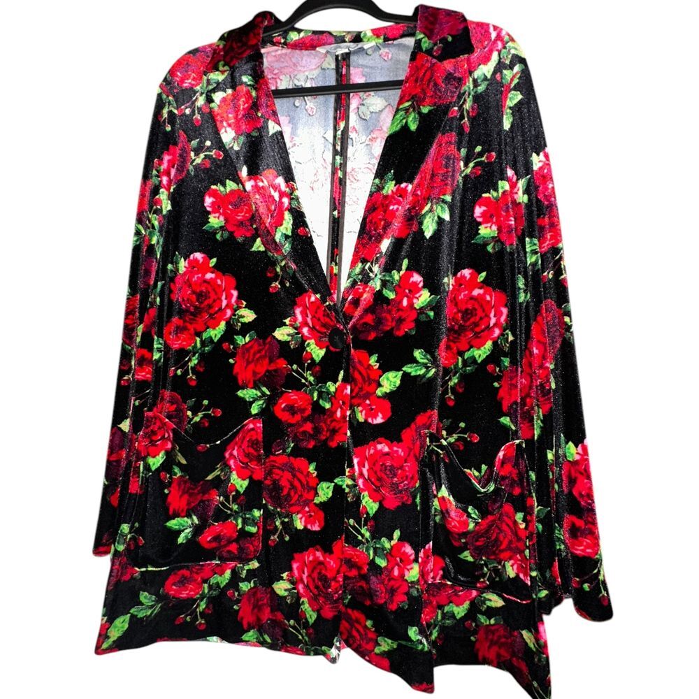 Pioneer Women Black‎ & Red Rose Velvet Evening Blazer Jacket (L)